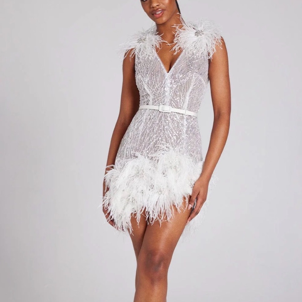 NADINE MERABI Cream Sequin Feather Mini Dress